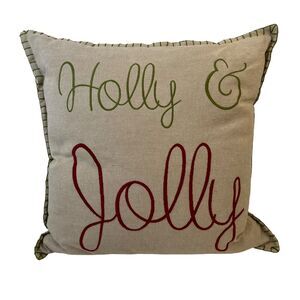 Holly Jolly Christmas Cotton Throw Toss Pillow Embroidered Khaki Green Crimson